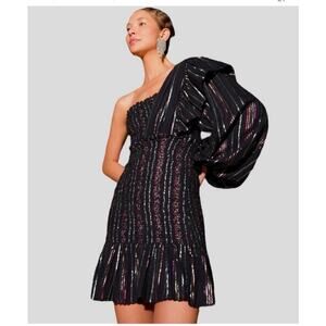 NWT  Farm Rio Black Rainbow One Shoulder Metallic Lurex Stripes Mini Dress SZ XS
